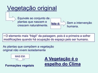 Vegetação original
• O elemento mais “frágil” da paisagem, pois é a primeira a sofrer
modificações quando há ocupação do espaço pelo ser humano.
Equivale ao conjunto de
plantas que nascem e
crescem naturalmente.
Isto é: Sem a intervenção
humana.
As plantas que compõem a vegetação
original não vivem isoladamente
Formações vegetais
MAS EM:
A Vegetação é o
espelho do Clima
 