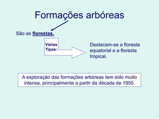 Formações arbóreas
A exploração das formações arbóreas tem sido muito
intensa, principalmente a partir da década de 1950.
São as florestas.
Vários
Tipos:
Destacam-se a floresta
equatorial e a floresta
tropical.
 