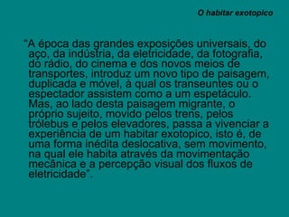 “ A época das grandes exposições universais, do aço, da indústria, da eletricidade, da fotografia, do rádio, do cinema e dos novos meios de transportes, introduz um novo tipo de paisagem, duplicada e móvel, à qual os transeuntes ou o espectador assistem como a um espetáculo. Mas, ao lado desta paisagem migrante, o próprio sujeito, movido pelos trens, pelos trólebus e pelos elevadores, passa a vivenciar a experiência de um habitar exotopico, isto é, de uma forma inédita deslocativa, sem movimento, na qual ele habita através da movimentação mecânica e a percepção visual dos fluxos de eletricidade”.  O habitar exotopico 