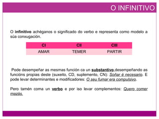 O infinitivo achéganos o significado do verbo e representa como modelo a
súa conxugación.
Pode desempeñar as mesmas función ca un substantivo,desempeñando as
funcións propias deste (suxeito, CD, suplemento, CN): Soñar é necesario. E
pode levar determinantes e modificadores: O seu fumar era compulsivo.
Pero tamén coma un verbo e por iso levar complementos: Quero comer
mazás.
O INFINITIVO
CI CII CIII
AMAR TEMER PARTIR
 