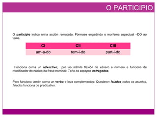 O PARTICIPIO
O participio indica unha acción rematada. Fórmase engadindo o morfema aspectual –DO ao
tema.
Funciona coma un adxectivo, por iso admite flexión de xénero e número e funciona de
modificador do núcleo da frase nominal: Teño os zapapos estragados
Pero funciona tamén coma un verbo e leva complementos: Quedaron falados todos os asuntos,
falados funciona de predicativo.
CI CII CIII
am-a-do tem-i-do part-i-do
 
