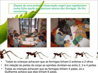 Depois de uma primeira observação sugeri que registassem
           numa ficha aquilo que pensam acerca das formigas. No fim
           concluímos…




•   Todas as crianças achavam que as formigas tinham 2 antenas e 2 olhos
•   Em relação às partes do corpo as opiniões dividiam-se entre 2, 3 e 4 partes
•   Todas as crianças achavam que as formigas tinham 4 patas, só o
    Guilherme achava que elas tinham 6 patas.
 