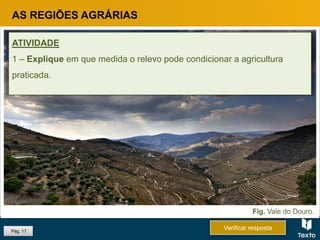Pág. 17
AS REGIÕES AGRÁRIAS
ATIVIDADE
1 – Explique em que medida o relevo pode condicionar a agricultura
praticada.
Verificar resposta
Fig. Vale do Douro.
 