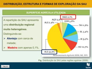 Pág. 22
DISTRIBUIÇÃO, ESTRUTURA E FORMAS DE EXPLORAÇÃO DA SAU
SUPERFÍCIE AGRÍCOLA UTILIZADA
Fig. Distribuição da SAU pelas regiões agrárias (2009).
A repartição da SAU apresenta
uma distribuição regional
muito heterogénea.
Distinguindo-se:
 Alentejo com cerca de
metade;
 Madeira com apenas 0,1%.
 