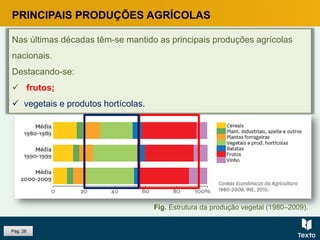 Pág. 26
PRINCIPAIS PRODUÇÕES AGRÍCOLAS
Nas últimas décadas têm-se mantido as principais produções agrícolas
nacionais.
Destacando-se:
 frutos;
 vegetais e produtos hortícolas.
Fig. Estrutura da produção vegetal (1980–2009).
 