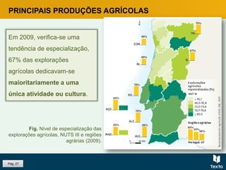 Pág. 27
PRINCIPAIS PRODUÇÕES AGRÍCOLAS
Em 2009, verifica-se uma
tendência de especialização,
67% das explorações
agrícolas dedicavam-se
maioritariamente a uma
única atividade ou cultura.
Fig. Nível de especialização das
explorações agrícolas, NUTS III e regiões
agrárias (2009).
 