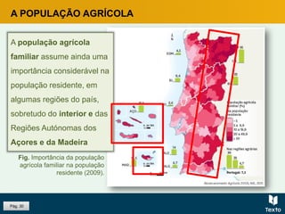 Pág. 30
A POPULAÇÃO AGRÍCOLA
A população agrícola
familiar assume ainda uma
importância considerável na
população residente, em
algumas regiões do país,
sobretudo do interior e das
Regiões Autónomas dos
Açores e da Madeira
Fig. Importância da população
agrícola familiar na população
residente (2009).
 