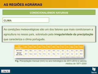 Pág. 16
As condições meteorológicas são um dos fatores que mais condicionam a
agricultura no nosso país, sobretudo pela irregularidade da precipitação
que caracteriza o clima português.
CONDICIONALISMOS NATURAIS
CLIMA
Fig. Precipitação mensal (mm) no ano hidrológico de 2011-2012 e valores
médios de 1971-2000
AS REGIÕES AGRÁRIAS
 