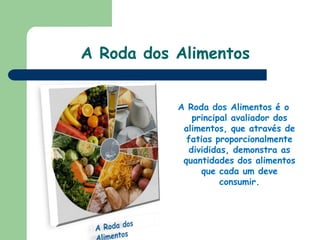 A Roda dos AlimentosA Roda dos Alimentos é o principal avaliador dos alimentos, que através de fatias proporcionalmente divididas, demonstra as quantidades dos alimentos que cada um deve consumir.A Roda dos Alimentos