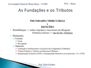 IMUNIDADES TRIBUTÁRIAS e ISENÇÕES Semelhanças  => ambos impedem o nascimento da Obrigação    Tributária (efeitos) =>  não há Ob. Tributária Distinções Formais Fonte Revogação Materiais Limitação Constitucional x Exercício da Competência Tributária Valores Perenes x Valores ou Interesses Efêmeros  Interpretação Extensiva (STF) x Interpretação Restritiva ou Literal (art. 111, CTN) 