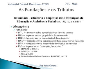 Imunidade Tributária a Impostos das Instituições de Educação e Assistência Social  (art. 150, IV, c, CF/88) Abrangência Patrimônio  IPTU => Impostos sobre a propriedade de imóveis urbanos ITR => Impostos sobre a propriedade de terras rurais ITBI => Imposto sobre a transmissão de bens imóveis ITCD => Imposto sobre a transmissão de bens  causa mortis  e doações IPVA => Imposto sobre a propriedade de veículos automotores IOF => Imposto sobre  “operações financeiras” EDAGRE n. 183.216 AGRRE n. 232.080 RE n. 241.090 Inconstitucionalidade do Decreto n. 4.494/2002, art. 25 