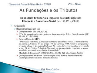 Imunidade Tributária a Impostos das Instituições de Educação e Assistência Social  (art. 150, IV, c, CF/88) Requisitos Regulamentação em Lei  Complementar  (art. 146, II, CF) CTN foi recepcionado com estatura e força normativa de Lei Complementar (RE 93.850, RTJ 105/194)   Jurisprudência do  STF  : “ Imunidade tributária. Entidades voltadas à assistência social. A norma inserta na alínea c, do inciso IV, do artigo 150, da Carta de 1988, repete o que previa a pretérita alínea c, do inciso III, do art. 19. Assim, foi recepcionado o preceito do artigo 14, do Código Tributário Nacional, no que cogita dos requisitos a serem atendidos no exercício do direito à imunidade”. Mandado de Injunção nº 420/RJ (DJU 23.09.94), Rel. Min. Marco Aurélio Quaisquer outras restrições veiculadas por outra espécie de ato normativo (hierarquicamente inferior) é inconstitucional 