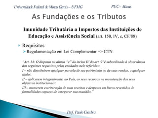 Imunidade Tributária a Impostos das Instituições de Educação e Assistência Social  (art. 150, IV, c, CF/88) Requisitos Regulamentação em Lei Complementar => CTN “ Art. 14: O disposto na alínea “c” do inciso IV do art. 9º é subordinado à observância dos seguintes requisitos pelas entidades nele referidas: I – não distribuírem qualquer parcela de seu patrimônio ou de suas rendas, a qualquer título; II – aplicarem integralmente, no País, os seus recursos na manutenção dos seus objetivos institucionais; III – manterem escrituração de suas receitas e despesas em livros revestidos de formalidades capazes de assegurar sua exatidão.” 