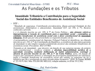 Imunidade Tributária a Contribuição para a Seguridade  Social das Entidades Beneficentes de Assistência Social  STF :  “ Mandado de segurança. Contribuição previdenciária. Quota patronal Entidade de fins assistenciais, filantrópicos e educacionais. Imunidade (CF, art  195, § 7º).  Recurso conhecido e provido. (...) A cláusula inscrita no art.  195, § 7º  da Carta Política  -  não obstante referir-se impropriamente à isenção de contribuição para a seguridade social  -  contemplou as entidades beneficentes de assistência social com o favor constitucional da  imunidade tributária , desde que por elas preenchidos os requisitos fixados em lei. A jurisprudência constitucional do Supremo Tribunal Federal já identificou, na cláusula inscrita no art. 195,  § 7º  da Constituição da República, a existência de uma típica garantia de imunidade (e não simples isenção) estabelecida em favor das entidades beneficentes de assistência social. Precedente: RTJ  137/965.  Tratando-se de imunidade  -  que decorre, em função de sua natureza mesma, do próprio texto constitucional  -  revela-se evidente a  absoluta impossibilidade jurídica de a autoridade executiva, mediante deliberação de índole administrativa, restringir a eficácia do preceito inscrito no art.  195, § 7º  da Carta Política , para, em função de exegese que claramente distorce a teleologia da prerrogativa fundamental em referência, negar à entidade beneficente de assistência social que satisfaz os requisitos da lei o benefício que lhe é assegurado no mais elevado plano normativo."  (STF, Ia Turma, ROMS n° 22.192-9, ReI. Min. CELSO DE MELLO, votação unânime,  in DI  de 19.12.96). 
