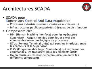Architectures SCADA
 SCADA pour
  Supervisory Control And Data Acquisition
  – Processus industriels (usines, centrales nucléaires…)
  – Infrastructures publiques/privées (réseaux de distribution)
 Composants clés :
  – HMI (Human Machine Interface) pour les opérateurs
  – Supervisor – Acquisition des données et envoi des
    commandes selon une logique de processus
  – RTUs (Remote Terminal Units) qui sont les interfaces entre
    les capteurs et le Supervisor
  – PLCs (Programmable Logic Controllers) qui reçoivent des
    commandes, les traduisent pour les éléments actifs
  – Un ou plusieurs réseaux de communication entre les
    différents composants

                         Franck Franchin - © 2011            11
 