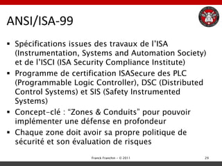 ANSI/ISA-99
 Spécifications issues des travaux de l‟ISA
  (Instrumentation, Systems and Automation Society)
  et de l‟ISCI (ISA Security Compliance Institute)
 Programme de certification ISASecure des PLC
  (Programmable Logic Controller), DSC (Distributed
  Control Systems) et SIS (Safety Instrumented
  Systems)
 Concept-clé : “Zones & Conduits” pour pouvoir
  implémenter une défense en profondeur
 Chaque zone doit avoir sa propre politique de
  sécurité et son évaluation de risques
                     Franck Franchin - © 2011     29
 