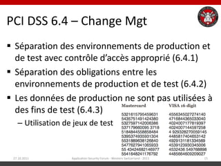 PCI DSS 6.4 – Change Mgt
 Séparation des environnements de production et
  de test avec contrôle d’accès approprié (6.4.1)
 Séparation des obligations entre les
  environnements de production et de test (6.4.2)
 Les données de production ne sont pas utilisées à
  des fins de test (6.4.3)
   – Utilisation de jeux de test


 27.10.2011        Application Security Forum - Western Switzerland - 2011   15
 