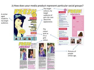 2) How does your media product represent particular social groups?
The
colour
pink as
it’s a
girls
colour.
A similar
aged
model to
my target
audience.
Pictures of
people
similar age.
The bright
colours, my
target
audience of
girls 16+ care
about the
appearance.
 