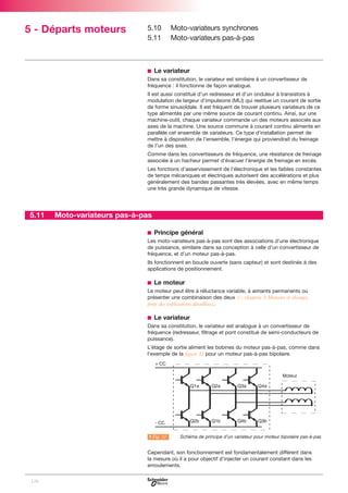 5 - Départs moteurs

5.10
5.11

Moto-variateurs synchrones
Moto-variateurs pas-à-pas

b Le variateur
Dans sa constitution, le variateur est similaire à un convertisseur de
fréquence : il fonctionne de façon analogue.
Il est aussi constitué d’un redresseur et d’un onduleur à transistors à
modulation de largeur d’impulsions (MLI) qui restitue un courant de sortie
de forme sinusoïdale. Il est fréquent de trouver plusieurs variateurs de ce
type alimentés par une même source de courant continu. Ainsi, sur une
machine-outil, chaque variateur commande un des moteurs associés aux
axes de la machine. Une source commune à courant continu alimente en
parallèle cet ensemble de variateurs. Ce type d’installation permet de
mettre à disposition de l’ensemble, l’énergie qui proviendrait du freinage
de l’un des axes.
Comme dans les convertisseurs de fréquence, une résistance de freinage
associée à un hacheur permet d’évacuer l’énergie de freinage en excès.
Les fonctions d’asservissement de l’électronique et les faibles constantes
de temps mécaniques et électriques autorisent des accélérations et plus
généralement des bandes passantes très élevées, avec en même temps
une très grande dynamique de vitesse.

5.11

Moto-variateurs pas-à-pas
b Principe général
Les moto-variateurs pas-à-pas sont des associations d’une électronique
de puissance, similaire dans sa conception à celle d’un convertisseur de
fréquence, et d’un moteur pas-à-pas.
Ils fonctionnent en boucle ouverte (sans capteur) et sont destinés à des
applications de positionnement.

b Le moteur
Le moteur peut être à réluctance variable, à aimants permanents ou
présenter une combinaison des deux (C chapitre 3 Moteurs et charges,
pour des explications détaillées).

b Le variateur
Dans sa constitution, le variateur est analogue à un convertisseur de
fréquence (redresseur, filtrage et pont constitué de semi-conducteurs de
puissance).
L’étage de sortie aliment les bobines du moteur pas-à-pas, comme dans
l’exemple de la figure 32 pour un moteur pas-à-pas bipolaire.

A Fig. 32

LSchéma de principe d’un variateur pour moteur bipolaire pas-à-pas

Cependant, son fonctionnement est fondamentalement différent dans
la mesure où il a pour objectif d’injecter un courant constant dans les
enroulements.
126

 
