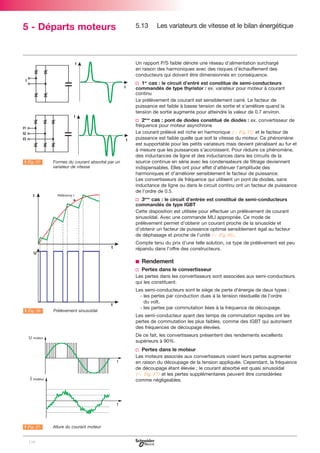 5 - Départs moteurs

5.13

Les variateurs de vitesse et le bilan énergétique

Un rapport P/S faible dénote une réseau d’alimentation surchargé
en raison des harmoniques avec des risques d’échauffement des
conducteurs qui doivent être dimensionnés en conséquence.

v 1er cas : le circuit d’entré est constitue de semi-conducteurs
commandés de type thyristor : ex. variateur pour moteur à courant
continu
Le prélèvement de courant est sensiblement carré. Le facteur de
puissance est faible à basse tension de sortie et s’améliore quand la
tension de sortie augmente pour atteindre la valeur de 0.7 environ.

v 2ème cas : pont de diodes constitué de diodes : ex. convertisseur de

A Fig. 35

LFormes du courant absorbé par un
variateur de vitesse

fréquence pour moteur asynchrone
Le courant prélevé est riche en harmonique (C Fig.35) et le facteur de
puissance est faible quelle que soit la vitesse du moteur. Ce phénomène
est supportable pour les petits variateurs mais devient pénalisant au fur et
à mesure que les puissances s’accroissent. Pour réduire ce phénomène,
des inductances de ligne et des inductances dans les circuits de la
source continue en série avec les condensateurs de filtrage deviennent
indispensables. Elles ont pour effet d’atténuer l’amplitude des
harmoniques et d’améliorer sensiblement le facteur de puissance.
Les convertisseurs de fréquence qui utilisent un pont de diodes, sans
inductance de ligne ou dans le circuit continu ont un facteur de puissance
de l’ordre de 0.5.

v 3ème cas : le circuit d’entrée est constitué de semi-conducteurs
commandés de type IGBT
Cette disposition est utilisée pour effectuer un prélèvement de courant
sinusoïdal. Avec une commande MLI appropriée. Ce mode de
prélèvement permet d’obtenir un courant proche de la sinusoïde et
d’obtenir un facteur de puissance optimal sensiblement égal au facteur
de déphasage et proche de l’unité (C Fig.36).
Compte tenu du prix d’une telle solution, ce type de prélèvement est peu
répandu dans l’offre des constructeurs.

b Rendement
v Pertes dans le convertisseur
Les pertes dans les convertisseurs sont associées aux semi-conducteurs
qui les constituent.

A Fig. 36

LPrélèvement sinusoïdal

Les semi-conducteurs sont le siège de perte d’énergie de deux types :
- les pertes par conduction dues à la tension résiduelle de l’ordre
du volt,
- les pertes par commutation liées à la fréquence de découpage.
Les semi-conducteur ayant des temps de commutation rapides ont les
pertes de commutation les plus faibles, comme des IGBT qui autorisent
des fréquences de découpage élevées.
De ce fait, les convertisseurs présentent des rendements excellents
supérieurs à 90%.

v Pertes dans le moteur
Les moteurs associés aux convertisseurs voient leurs pertes augmenter
en raison du découpage de la tension appliquée. Cependant, la fréquence
de découpage étant élevée ; le courant absorbé est quasi sinusoïdal
(C Fig. 37) et les pertes supplémentaires peuvent être considérées
comme négligeables.

A Fig. 37

130

LAllure du courant moteur

 