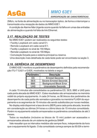 AsGa                                          MMO 63E1
                                              ESPECIFICAÇÃO DE CARACTERÍSTICAS

2.14. ALARMES
  O MMO 63E1 exterioriza através do painel de leds e do sistema externo de gerên-
cia os seguintes alarmes:
· LOS XY Ausência de recepção do sinal elétrico na entrada elétrica Y do
  grupo X, onde Y = 1, 2, ..., 7 e X = A, B, ..., I.
· AIS XY Sinalização Indicativa de Alarme detectada na entrada elétrica Y, do
  grupo X onde Y= 1, ..., 7 e X = A, B, ..., I.
· J2         Erro de identificação de rota. De acordo com a identificação de cada
  rota E1, realizada na configuração, o sinal de 2Mb/s nãoestá sendo enviado
  para o equipamento correto.
· LOS        Perda de recepção do sinal de 155 Mbps.
. AIS        Sinalização indicativa de alarme detectada no sinal de 155 Mbps.
· LOF        Perda da palavra de alinhamento de quadro no sinal de 155 Mbps.
· XFO        As fibras do enlace principal e do enlace reserva estão invertidas.
· J1         Erro de rastreio. De acordo com a identificação realizada, o sinal de
  155Mbps não está sendo recebido do equipamento correto.
· Power Supply        Ausência de entrada de alimentação #1 / #2.
· 5V         Falha na fonte interna de 5V.
· Clk        Falta de recepção do relógio configurado para o equipamento mestre.
· Eth Link Falta de link Ethernet.

2.15. DETECÇÃO DE SIA
  O MMO 63E1 é capaz de detectar a presença de SIA (Sinalização Indicativa de
Alarme) na entrada de qualquer tributário. Quando este tipo de sinal estiver presente
em alguma entrada, o LED localizado no painel frontal do equipamento corresponden-
te a este tributário indicará esta condição, piscando muito rapidamente (aproximada-
mente 10 Hz).

2.16. ALARMES URGENTES E ALARMES NÃO URGENTES
  Além das indicações anteriores, os alarmes urgente e não urgente estão disponíveis
através do conector RJ45 (COM/ALARMS) localizado na placa de entrada de alimenta-
ção do MMO 63E1, sendo exteriorizado através de contatos secos de relê.
  A condição de Alarme Urgente é alcançada através de uma lógica interna de alarmes,
ocorrendo sempre que houver algum tipo de alarme no sinal de 155Mb/s, no sinal de

                                         14
 