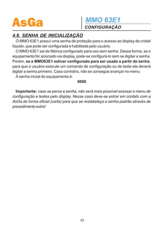AsGa                                                 MMO 63E1
                                                     CONFIGURAÇÃO




                                                         8
                                                         7
                                                         6 – Rx Negativo
                                                         5
                                                         4
                                                         3 – Rx Positivo
                                                         2 – Tx Negativo
                                                         1 – Tx Positivo

                          Figura 15 - Pinagem dos
                        Conectores da Gerência SNMP
                                e Placa LAN

4.7.3 Placa de Tributários
  A configuração dos pinos do conector DB15 da placa de tributários está apresen-
tada na figura 16.
  Conector de saída (OUT):
  Tx - pinos 1, 2, 3, 4, 5, 6 e 7 respectivamente das portas 1, 2, 3, 4, 5, 6 e 7.
  Malha - pinos 9, 10, 11, 12, 13, 14 e 15 respectivamente das portas 1, 2, 3, 4, 5,
6 e 7.

  Conector de entrada (IN):
  Rx - pinos 1, 2, 3, 4, 5, 6 e 7 respectivamente das portas 1, 2, 3, 4, 5, 6 e 7.
  Malha - pinos 9, 10, 11, 12, 13, 14 e 15 respectivamente das portas 1, 2, 3, 4, 5,
6 e 7.


                               8    7   6   5    4   2       1   3
                                   35 34 32 31 33 3
 9



                                        Figura 16

                                                54
 