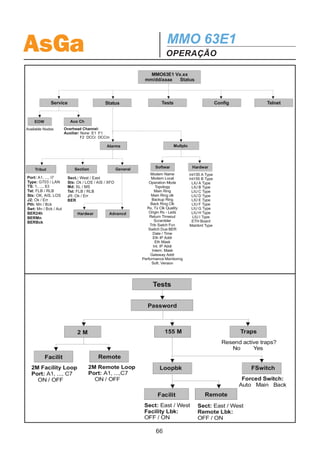 AsGa                                         MMO 63E1
                                             OPERAÇÃO
que vem do equipamento remoto retorna por loop na interface de linha local. Para
realizar loops em equipamentos remotos, deve-se utilizar o menu Telnet.

  155M:
  Este menu oferece as seguintes opções de teste de 155Mbps:
  - Loopbk:
  Neste menu, primeiro escolhe-se o tipo de loopback a ser realizado no sinal de
155Mbps: Facility ou Remote e logo após se o loop vai ser realizado na seção
leste (East) ou oeste (West) do equipamento.
  Todos os tipos de loops estão explicados em detalhes na seção 3.

  - Switch:
  Este comando força o equipamento a receber todos os tributários pelo anel princi-
pal (Main), reserva (Back) ou deixa de forma automática (Auto) a realização de
comutações. Este comando permanece até ser desativado.

  - Traps:
  Este menu possibilita o reenvio de todas as traps ativas do equipamento para os
gerentes cadastrados (gerência SNMP).

5.3.4- Telnet
  Através deste menu, pode-se ter acesso ao menu de qualquer equipamento do
anel via telnet. Ao entrar no menu Telnet, aparecerá uma lista com o nome e ende-
reço IP dos MMO 63E1 ou MMO21E1 disponíveis. Escolhendo o equipamento, o
display local passa a mostrar exatamente o menu do equipamento escolhido. Des-
ta forma, pode-se realizar qualquer configuração, teste ou verificação de status de
forma remota.

5.3.5- Resumo do Menu
 Nas figuras a seguir, está apresentado um resumo de todo o menu.




                                        65
 