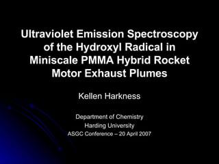 Ultraviolet Emission Spectroscopy of the Hydroxyl Radical in Miniscale PMMA Hybrid Rocket Motor Exhaust Plumes Kellen Harkness Department of Chemistry Harding University ASGC Conference – 20 April 2007 