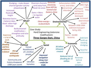 Dredging – make deeper    Diversion channels Generate      Deforestation (3000           Reservoir
          channel (greater volume   – send away from electricity      acres), land slides       100m high,
               allowed pass)          flood risk areas from HEP for      and animals Farmland 2.3km
      Increased                                         Central and       disturbed                    long
                                                       Eastern china                      and tourist
     flood plain                    Dams + Weirs                                          attractions
        height                       – to regulate                                        destroyed
                                         water                                                   Increased
 Retention basins
 + balance lakes -            What?             Clean energy – Environmental                      downstream
 divert when high                                no fossil fuels                                     erosion
     discharge                                                                      Between 1998-2004
                Banks/channel                                                        sediment transport
                                      Case Study:                                        fell by 50%
                modification –
                                            Hard Engineering (extensive
             strengthen and raise
  Expensive        artificially                    modification):              Toxins – 16,000
  + a lot of                               Three Gorges Dam, China                 factories       Sediment
    work                                                                                            build-up
    No                                                                                              needing
flooding                                                                            Economic
                          Political                    Social                                       dredging
and less                         Forced                            85 billion
problems                      Resettlement                         kilowatts                        Need for
in future     Also                                                  created
                              of 1.3million                                                       maintenance
           withstand
                                 people           Improved
          earthquake                                                    Reduced risk of
                                                 navigation                                  Reservoir
                                                                         flooding for 15
        Community and                            along river                                   behind
                                   14million                                  million
       history disappears                        – useful for                                   dam
       -2300 years worth          homeless          trade                                    £25billion
 