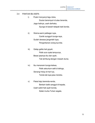 J 43701 EED3217
HASLIANA OSMAN
11
3.4 PANTUN IBU BAPA
i) Puteri menyanyi lagu duka,
Duduk bersimpuh di atas beranda,
Jaga hatinya, usah derhaka,
Syurga di bawah telapak kaki bonda.
ii) Warna-warni pelbagai rupa,
Cantik sungguh bunga raya,
Sudah dewasa janganlah lupa,
Pengorbanan orang tua kita.
iii) Gelap gelita hati goyah,
Petik suis nyala lampunya,
Besar jasanya ibu dan ayah,
Tak terhitung dengan mewah dunia.
iv) Ibu menanam bunga kekwa,
Petik sekuntum selit di telinga,
Senangi hidup di hari tua,
Tanda tak lupa jasa mereka.
v) Pakai baju berenda-renda,
Berkain batik sanggul di kepala,
Usah sakiti hati ayah bonda,
Kelak murka Tuhan segala.
 