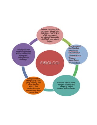 FISIOLOGI
Berasal daripada dua
perkataan 'Greek'iaitu
PHYSIS+LOGOS',PH
YSIS bermaksud
semulajadi(Nature)da
n LOGOS bermaksud
kajian
*Sains Anatomi
dan Fisiologi
*Organisasi
StrukturTubuh
*Tisu-tisuTubuh
*Sistem-
sistemTubuh
*Homeostasis
Anatomi berkait rapat
dengan fisiologi iaitu
mengkaji fungsi
struktur tubuh badan.
Sebagai contoh,
tulang-tulang kaki
yang panjang dan
tebal seperti
femur, tibia
danfibula dapat
menyokong berat
badan kita
Fisiologi adalah
kajian bagaimana
tubuh badan dan
bahagian-
bahagiannya
berfungsi
 