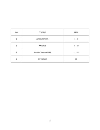 NO        CONTENT           PAGE


1      ARTICLES/TEXTS        3-8


2         ANALYSIS           8 - 10


3    GRAPHIC ORGANIZERS     11 - 12


4       REFERENCES            13




                        2
 