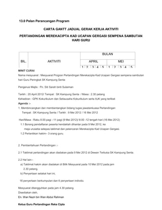 13.0 Pelan Perancangan Program

                      CARTA GANTT JADUAL GERAK KERJA AKTIVITI

 PERTANDINGAN MEREKACIPTA KAD UCAPAN GERGASI SEMPENA SAMBUTAN
                           HARI GURU



                                                                     BULAN

  BIL.                   AKTIVITI                          APRIL                   MEI
                                                     1 2     3 4     5    1    2       3 4   5
MINIT CURAI
 1.     Kemuka kertas kerja                      X
Nama mesyuarat : Mesyuarat Progran Pertandingan Merekacipta Kad Ucapan Gergasi sempena sambutan
hari Guru Mesyuarat Jawatankuasa Induk
  2.      Peringkat SK Kampung Senta                         X

 3.     Mesyuarat Jawatankuasa Kerja
Pengerusi Majlis : Pn. Siti Sarah binti Sulaiman                     X

 4.       Pelaksanaan Aktiviti
Tarikh : 20 April 2012/ Tempat : SK Kampung Senta / Masa : 2.30 petang         X
Kehadiran : GPK Kokurikulum dan Setiausaha Kokurikulum serta AJK yang terlibat
  5.       Dokumentasi                                                                   X
Agenda :-
1. 6.
   Membincangkan dan membentangkan bidang tugasX X X X Pertandingan
        Penilaian Berkala                       jawatankuasa X X X                     X X   X
   Tempat : SK Kampung Senta / Tarikh : 9 Mei 2012 / 16 Mei 2012

Hari/Masa : Rabu 8.00 pagi –11 pagi (9 Mei 2012)/ 8.00 -12 tengah hari (16 Mei 2012)
  1.1 Borang pendaftaran peserta hendaklah dihantar pada 9 Mei 2012, ke
       meja urusetia selepas taklimat dan pelancaran Merekacipta Kad Ucapan Gergasi.
  1.2 Perlantikan hakim– 3 orang guru.


14.0 Lampiran
2. Pemberitahuan Pertandingan :-
(1) Minit Mesyuarat Curai
2.1 Taklimat pertandingan akan diadakan pada 9 Mei 2012 di Dewan Terbuka SK Kampung Senta.
Mesyuarat Program Pertandingan Merekacipta Kad Ucapan Gergasi sempena
2.2 Hal lain:-
Sambutan Hari Guru Peringkat SK Kampung Senta
  a) Taklimat hakim akan diadakan di Bilik Mesyuarat pada 10 Mei 2012 pada jam
Anjuran Kelab Seni Visual
  2.30 petang.
20 April 2012setakat hari ini,
 b) Penyertaan - Di SK Kampung Senta

 16 penyertaan berkumpulan dan 6 penyertaan individu

Mesyuarat ditangguhkan pada jam 4.30 petang.
Disediakan oleh,                                                                                 10
En. Wan Nazri bin Wan Abdul Rahman

Ketua Guru Pertandingan Reka Cipta
 