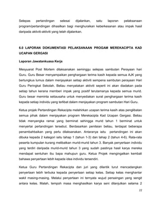 Selepas      pertandingan      selesai     dijalankan,   satu   laporan   pelaksanaan
program/pertandingan dihasilkan bagi menghuraikan keberkesanan atau impak hasil
daripada aktiviti-aktiviti yang telah dijalankan.




6.0 LAPORAN DOKUMENTASI PELAKSANAAN PROGAM MEREKACIPTA KAD
UCAPAN GERGASI

Laporan Jawatankuasa Kerja

Mesyuarat Post Mortem dilaksanakan seminggu selepas sambutan Perayaan hari
Guru. Guru Besar menyampaikan penghargaan terima kasih kepada semua AJK yang
bertungkus lumus dalam menjayakan setiap aktiviti sempena sambutan perayaan Hari
Guru Peringkat Sekolah. Beliau menyatakan aktiviti seperti ini akan diadakan pada
setiap tahun kerana memberi impak yang positif terutamanya kepada semua murid.
Guru besar meminta setiausaha untuk menyediakan surat penghargaan terima kasih
kepada setiap individu yang terlibat dalam menjayakan program sambutan Hari Guru.

Ketua projek Pertandingan Rekacipta melahirkan ucapan terima kasih atas penglibatan
semua pihak dalam menjayakan program Merekacipta Kad Ucapan Gergasi. Beliau
tidak menyangka ramai yang berminat sehingga murid tahun 1 berminat untuk
menyertai pertandingan tersebut. Berdasarkan penilaian beliau, terdapat beberapa
penambahbaikan yang perlu dilaksanakan. Antaranya iaitu          pertandingan ini akan
dibuka kepada 2 kategori iaitu tahap 1 (tahun 1-3) dan tahap 2 (tahun 4-6). Rata-rata
peserta kumpulan kurang melibatkan murid-murid tahun 3. Banyak penyertaan individu
yang terdiri daripada murid-murid tahun 3 yang sudah pastinya hasil karya mereka
mendapat sentuhan ibu bapa mahupun guru. Ketua Projek mengingatkan kembali
bahawa penyertaan lebih kepada idea individu tersendiri.

Ketua Guru Pertandingan Rekacipta dan juri yang dilantik turut mencadangkan
penyertaan lebih terbuka kepada penyertaan setiap kelas. Setiap kelas menghantar
wakil masing-masing. Melalui penyertaan ini ternyata wujud persaingan yang sengit
antara kelas. Malah, tempoh masa menghasilkan karya seni dilanjutkan selama 2

                                                                                    22
 