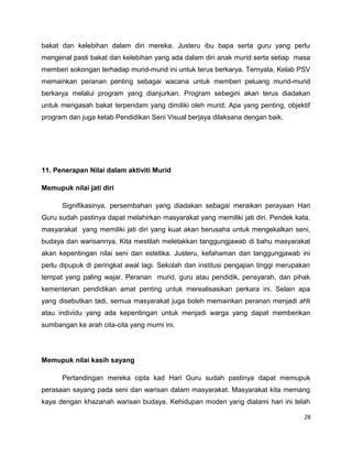 bakat dan kelebihan dalam diri mereka. Justeru ibu bapa serta guru yang perlu
mengenal pasti bakat dan kelebihan yang ada dalam diri anak murid serta setiap masa
memberi sokongan terhadap murid-murid ini untuk terus berkarya. Ternyata, Kelab PSV
memainkan peranan penting sebagai wacana untuk memberi peluang murid-murid
berkarya melalui program yang dianjurkan. Program sebegini akan terus diadakan
untuk mengasah bakat terpendam yang dimiliki oleh murid. Apa yang penting, objektif
program dan juga kelab Pendidikan Seni Visual berjaya dilaksana dengan baik.




11. Penerapan Nilai dalam aktiviti Murid

Memupuk nilai jati diri

      Signifikasinya, persembahan yang diadakan sebagai meraikan perayaan Hari
Guru sudah pastinya dapat melahirkan masyarakat yang memiliki jati diri. Pendek kata,
masyarakat yang memiliki jati diri yang kuat akan berusaha untuk mengekalkan seni,
budaya dan warisannya. Kita mestilah meletakkan tanggungjawab di bahu masyarakat
akan kepentingan nilai seni dan estetika. Justeru, kefahaman dan tanggungjawab ini
perlu dipupuk di peringkat awal lagi. Sekolah dan institusi pengajian tinggi merupakan
tempat yang paling wajar. Peranan murid, guru atau pendidik, pensyarah, dan pihak
kementerian pendidikan amat penting untuk merealisasikan perkara ini. Selain apa
yang disebutkan tadi, semua masyarakat juga boleh memainkan peranan menjadi ahli
atau individu yang ada kepentingan untuk menjadi warga yang dapat memberikan
sumbangan ke arah cita-cita yang murni ini.




Memupuk nilai kasih sayang

      Pertandingan mereka cipta kad Hari Guru sudah pastinya dapat memupuk
perasaan sayang pada seni dan warisan dalam masyarakat. Masyarakat kita memang
kaya dengan khazanah warisan budaya. Kehidupan moden yang dialami hari ini telah

                                                                                    28
 