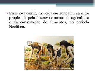 • Essa nova configuração da sociedade humana foi 
propiciada pelo desenvolvimento da agricultura 
e da conservação de alim...