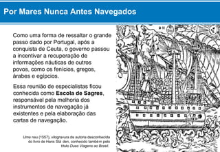 Por Mares Nunca Antes Navegados 
Como uma forma de ressaltar o grande 
passo dado por Portugal, após a 
conquista de Ceuta, o governo passou 
a incentivar a recuperação de 
informações náuticas de outros 
povos, como os fenícios, gregos, 
árabes e egípcios. 
Essa reunião de especialistas ficou 
conhecida como Escola de Sagres, 
responsável pela melhoria dos 
instrumentos de navegação já 
existentes e pela elaboração das 
cartas de navegação. 
Uma nau (1557), xilogravura de autoria desconhecida 
do livro de Hans Stä den, conhecido também pelo 
título Duas Viagens ao Brasil. 
 