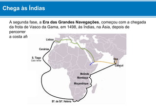 A segunda fase, a Era das Grandes Navegações, começou com a chegada
da frota de Vasco da Gama, em 1498, às Índias, na Ásia, depois de
percorrer
a costa africana.
Chega às Índias
 
