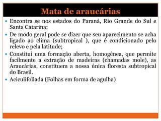 Mata de araucárias
 Encontra se nos estados do Paraná, Rio Grande do Sul e
Santa Catarina;
 De modo geral pode se dizer que seu aparecimento se acha
ligado ao clima (subtropical ), que é condicionado pelo
relevo e pela latitude;
 Constitui uma formação aberta, homogênea, que permite
facilmente a extração de madeiras (chamadas mole), as
Araucárias, constituem a nossa única floresta subtropical
do Brasil.
 Aciculifoliada (Folhas em forma de agulha)
 