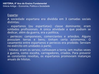 HISTÓRIA, 6º Ano do Ensino Fundamental 
Grécia Antiga – Economia, Política e Sociedade 
Esparta: 
A sociedade espartana era dividida em 3 camadas sociais 
distintas: 
- espartanos (ou espartíatas): classe dominante; eram 
soldados profissionais. A única atividade a que podiam se 
dedicar, além da guerra, era a política; 
- periecos: camponeses, comerciantes e artesãos. Alguns 
possuíam terras e bens; tinham certa autonomia. O 
casamento entre espartanos e periecos era proibido. Serviam 
no exército em unidades à parte; 
- hilotas: eram os servos; cultivavam a terra; iam muitas vezes 
à guerra, como escolta, carregadores, criados. Para prevenir 
as constantes revoltas, os espartanos promoviam matanças 
anuais de hilotas. 
 