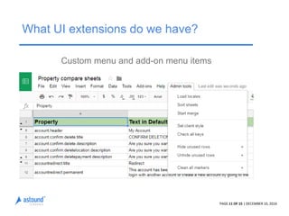 PAGE 11 OF 15 | DECEMBER 10, 2016
What UI extensions do we have?
Custom menu and add-on menu items
 