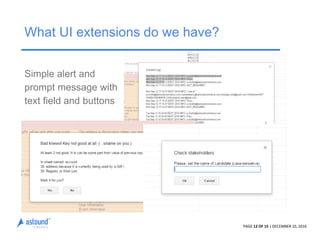 PAGE 12 OF 15 | DECEMBER 10, 2016
What UI extensions do we have?
Simple alert and
prompt message with
text field and buttons
 