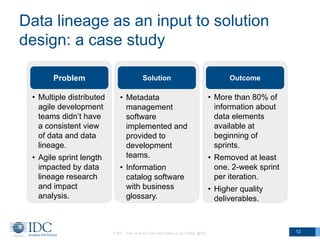 Data lineage as an input to solution
design: a case study
© IDC Visit us at IDC.com and follow us on Twitter: @IDC 12
• Me...