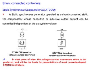 Shunt connected controllers
Static Synchronous Compensator (STATCOM):
 A Static synchronous generator operated as a shunt-connected static
var compensator whose capacitive or inductive output current can be
controlled independent of the ac system voltage.
STATCOM based on
voltage-sourced converters
STATCOM based on
current-sourced converters
 In cost point of view, the voltage-sourced converters seem to be
preferred, and will be the basis for presentations of most converter-based
FACTS Controllers.
 