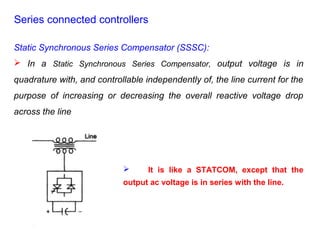 Series connected controllers
Static Synchronous Series Compensator (SSSC):
 In a Static Synchronous Series Compensator, output voltage is in
quadrature with, and controllable independently of, the line current for the
purpose of increasing or decreasing the overall reactive voltage drop
across the line
 It is like a STATCOM, except that the
output ac voltage is in series with the line.
 