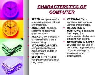 CHARACTERSTICS OFCHARACTERSTICS OF
COMPUTERCOMPUTER
 SPEEDSPEED: computer works: computer works
at amazing speed withoutat amazing speed without
any mistakes.any mistakes.
 ACCURACYACCURACY: computer: computer
performs its task withperforms its task with
great accuracy.great accuracy.
 RELIABILITYRELIABILITY: computer: computer
is more reliable than ais more reliable than a
human being.human being.
 STORAGE CAPACITYSTORAGE CAPACITY::
computer can store acomputer can store a
large amount of data inlarge amount of data in
its memory .its memory .
 NEVER GETS TIREDNEVER GETS TIRED::
computer can operate forcomputer can operate for
long hours.long hours.
 VERSATALITYVERSATALITY: a: a
computer can performcomputer can perform
various types of jobs.various types of jobs.
 REDUCTION INREDUCTION IN
MANPOWER:MANPOWER: computercomputer
has helped thehas helped the
entrepreneurs to be moreentrepreneurs to be more
efficient than before.efficient than before.
 REDUCTION IN PAPERREDUCTION IN PAPER
WORK:WORK: with the use ofwith the use of
computer, large amountscomputer, large amounts
of paper wastage isof paper wastage is
prevented in anyprevented in any
organization.organization.
 