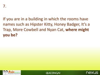 7.

If you are in a building in which the rooms have
names such as Hipster Kitty, Honey Badger, It’s a
Trap, More Cowbell and Nyan Cat, where might
you be?




                        Quizzinga!
 