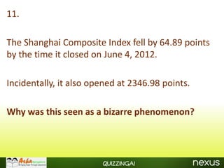 11.

The Shanghai Composite Index fell by 64.89 points
by the time it closed on June 4, 2012.

Incidentally, it also opened at 2346.98 points.

Why was this seen as a bizarre phenomenon?




                        Quizzinga!
 