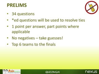 PRELIMS
• 34 questions
• *ed questions will be used to resolve ties
• 1 point per answer, part points where
  applicable
• No negatives – take guesses!
• Top 6 teams to the finals




                     Quizzinga!
 