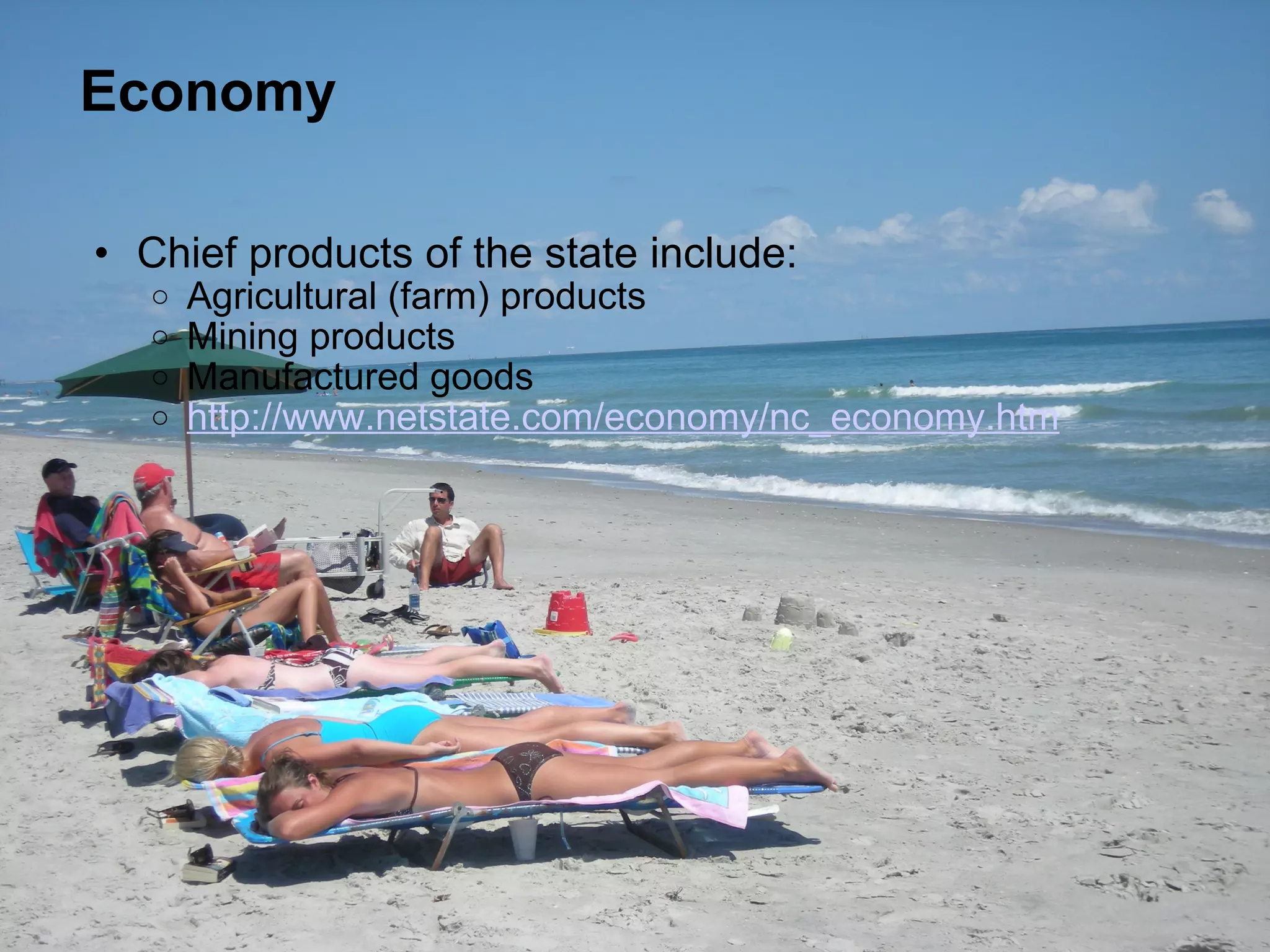 Economy Chief products of the state include:  Agricultural (farm) products Mining products Manufactured goods http://www.netstate.com/economy/nc_economy.htm 